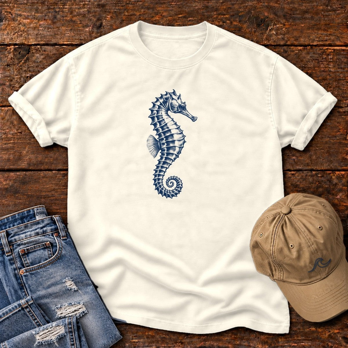 Navy Seahorse T-Shirt in Ivory, Salty Paws Comfort Colors T-Shirt, front design flat lay