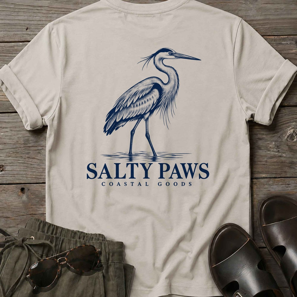 Great Blue Heron Coastal Goods Back Design T-Shirt in Ice Grey, Salty Paws T-Shirt, back design flat lay