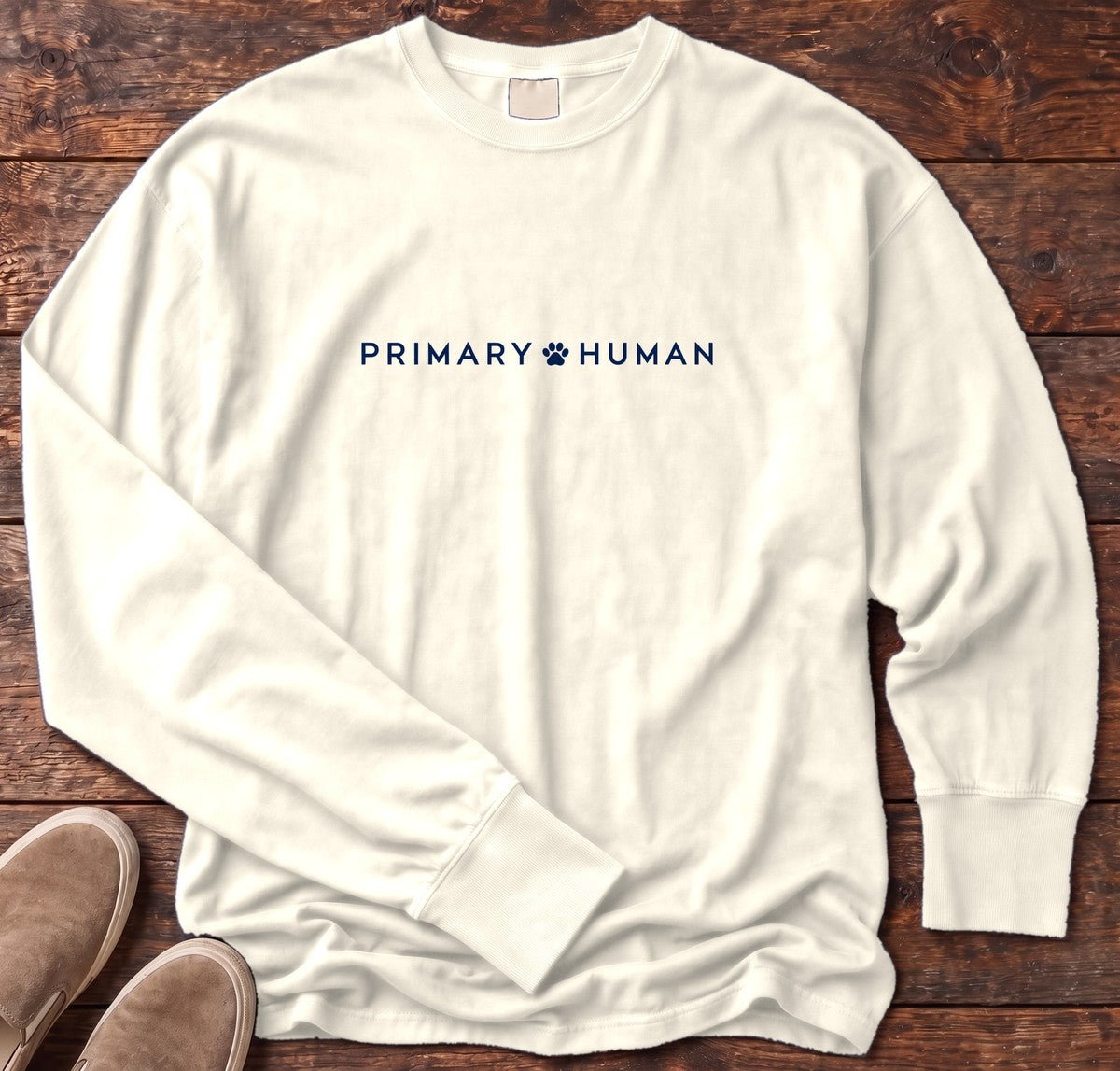 Primary Human Long Sleeve Tee in Ivory, Salty Paws Comfort Colors Long Sleeve Tee, front design flat lay