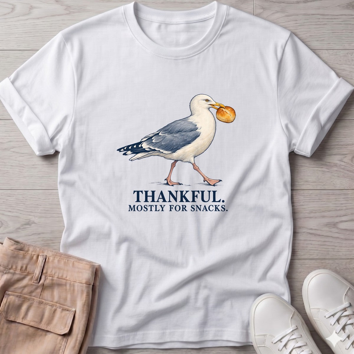 Thankful Mostly for Snacks Seagull T-Shirt in White, Salty Paws T-Shirt, front design flat lay