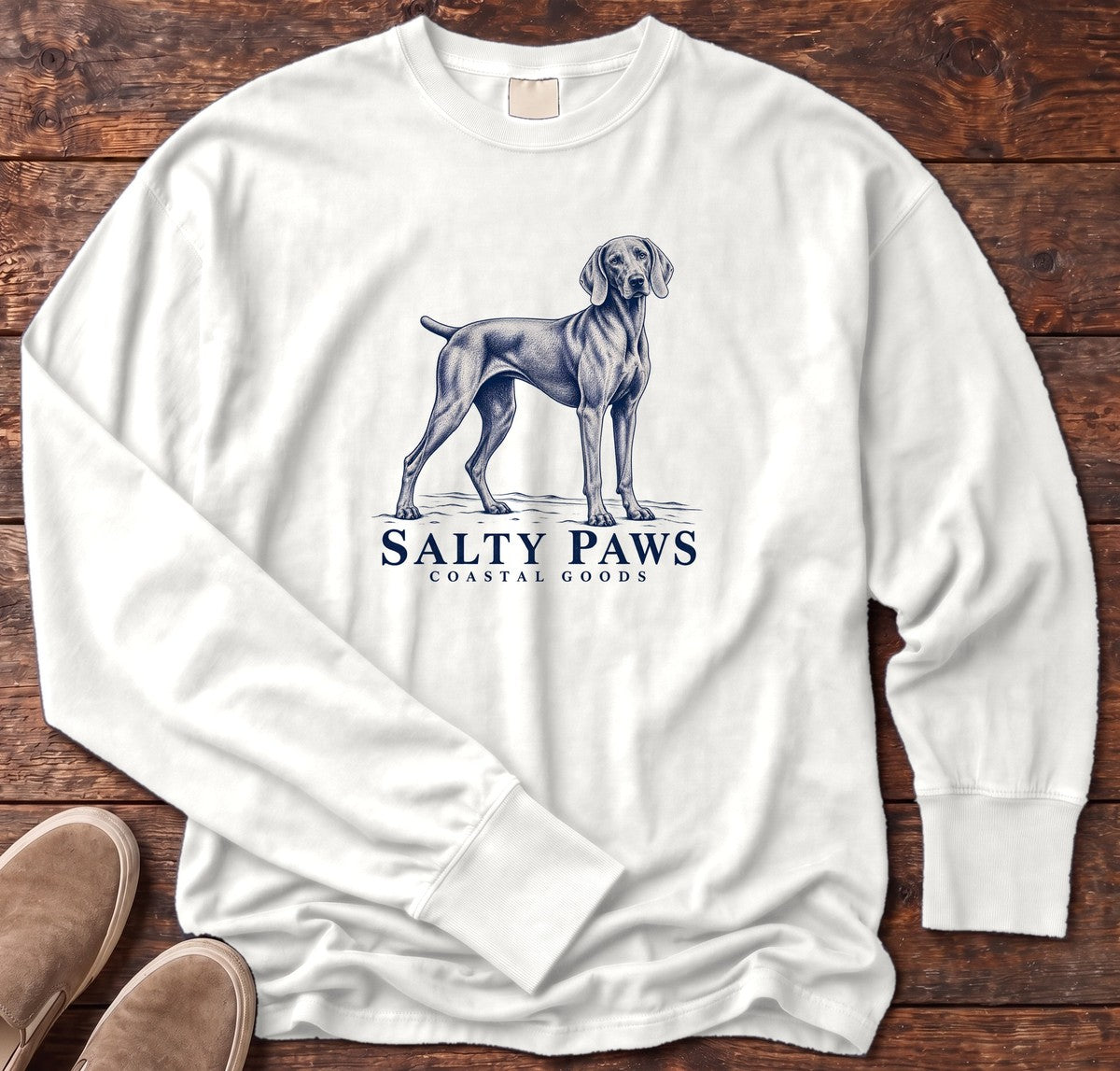 Weimaraner Coastal Goods Long Sleeve Tee in White, Salty Paws Comfort Colors Long Sleeve Tee, front design flat lay