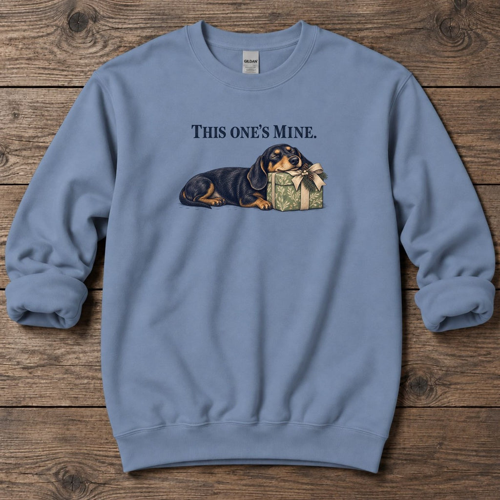This One's Mine Dachshund Midweight Sweatshirt in Stone Blue, Salty Paws Midweight Sweatshirt, front design flat lay