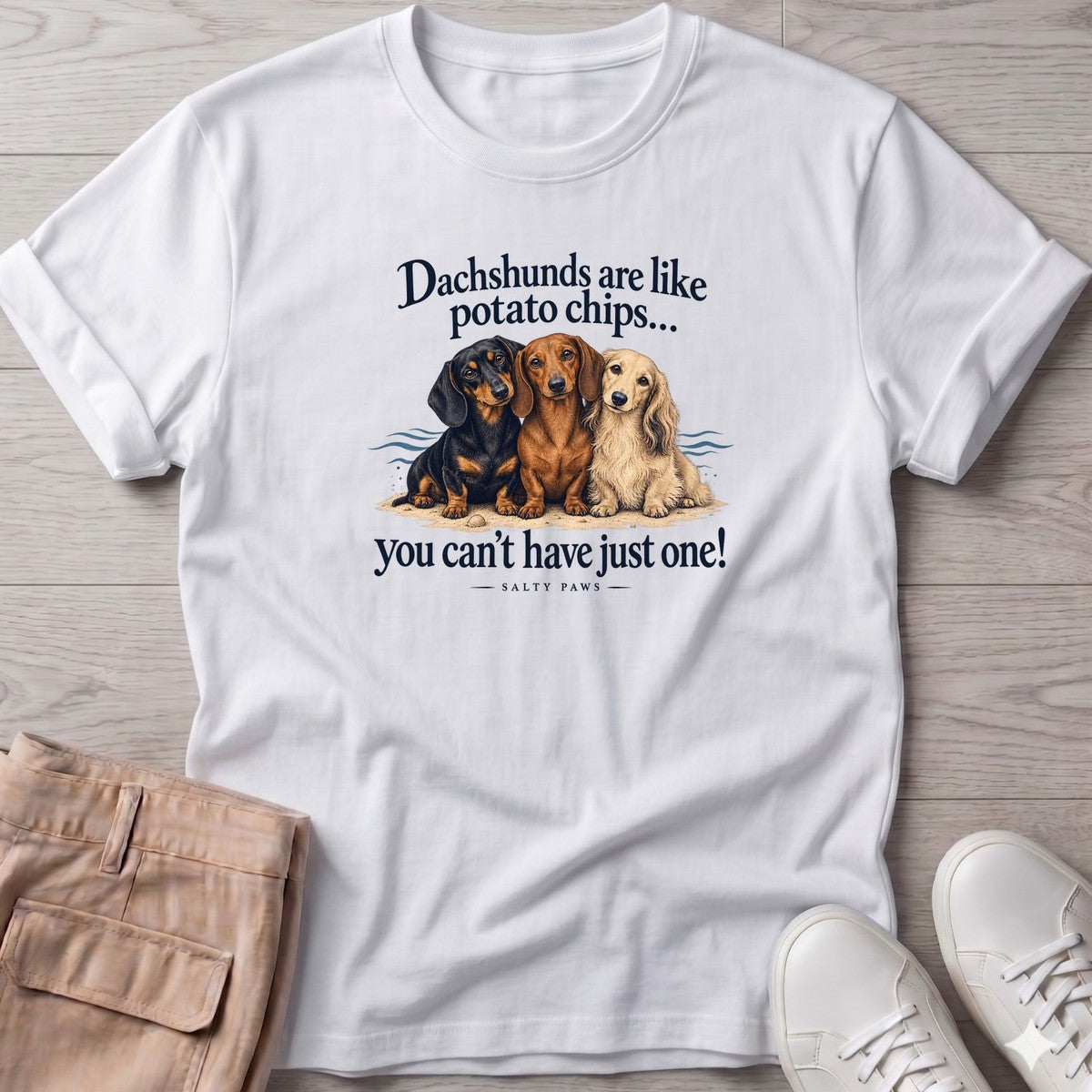 Three Dachshunds Potato Chips T-Shirt in White, Salty Paws T-Shirt, front design flat lay