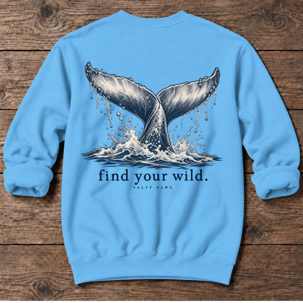 Find Your Wild Back Design Midweight Sweatshirt in Sky, Salty Paws Midweight Sweatshirt, back design flat lay