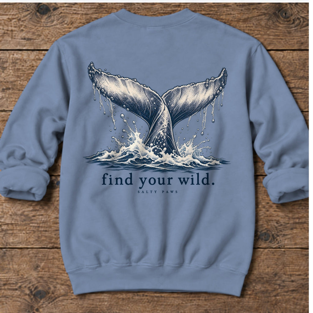 Find Your Wild Back Design Midweight Sweatshirt in Stone Blue, Salty Paws Midweight Sweatshirt, back design flat lay