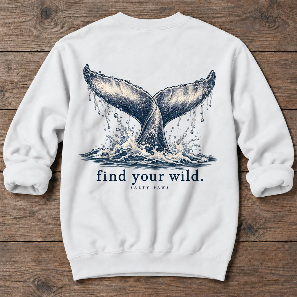 Find Your Wild Back Design Midweight Sweatshirt in White, Salty Paws Midweight Sweatshirt, back design flat lay