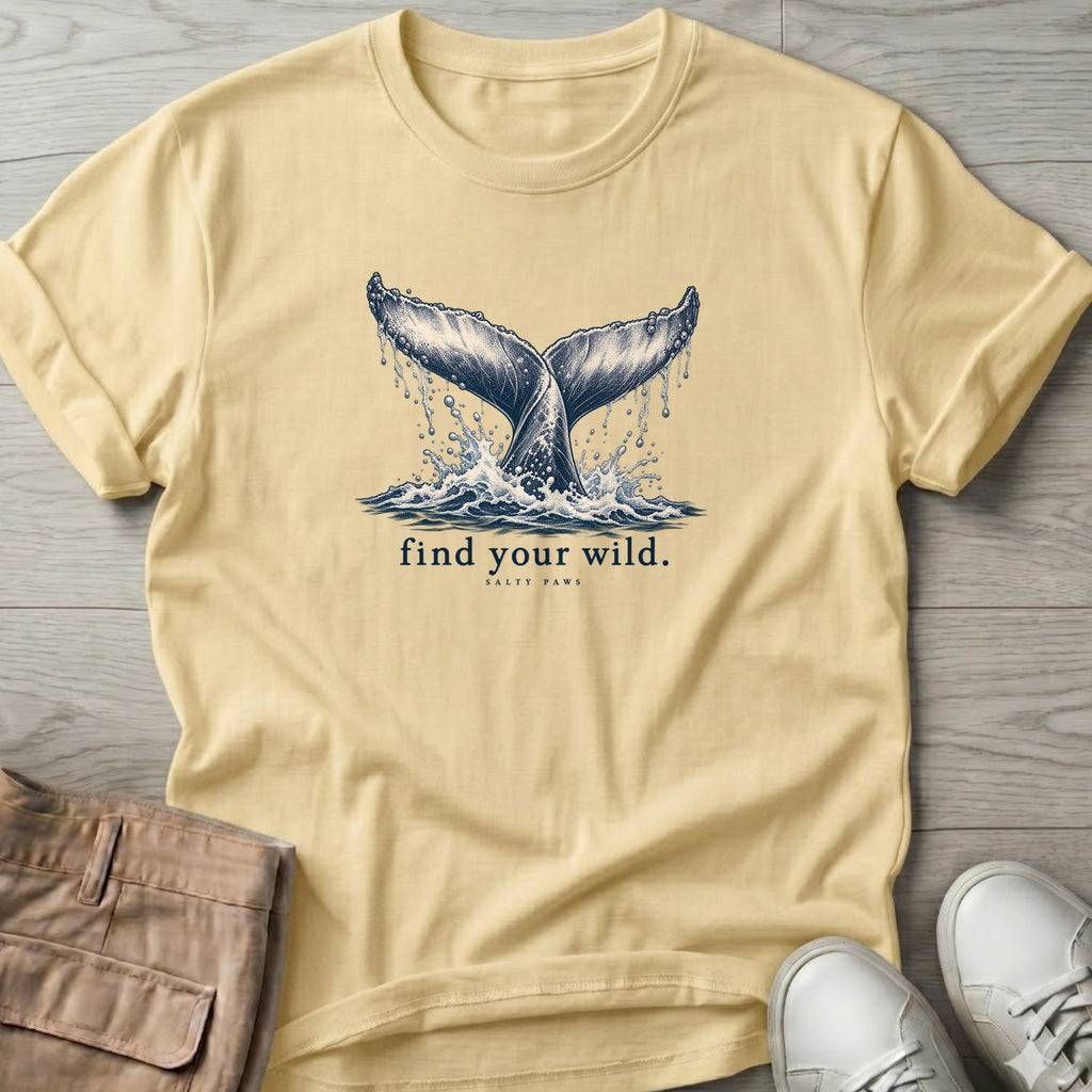 Find Your Wild Whale T-Shirt in Cornsilk, Salty Paws Soft Style T-Shirt, front design flat lay