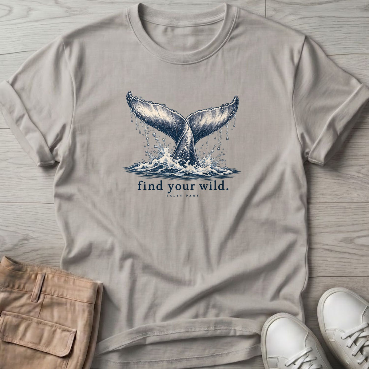 Find Your Wild Whale T-Shirt in Ice Grey, Salty Paws Soft Style T-Shirt, front design flat lay