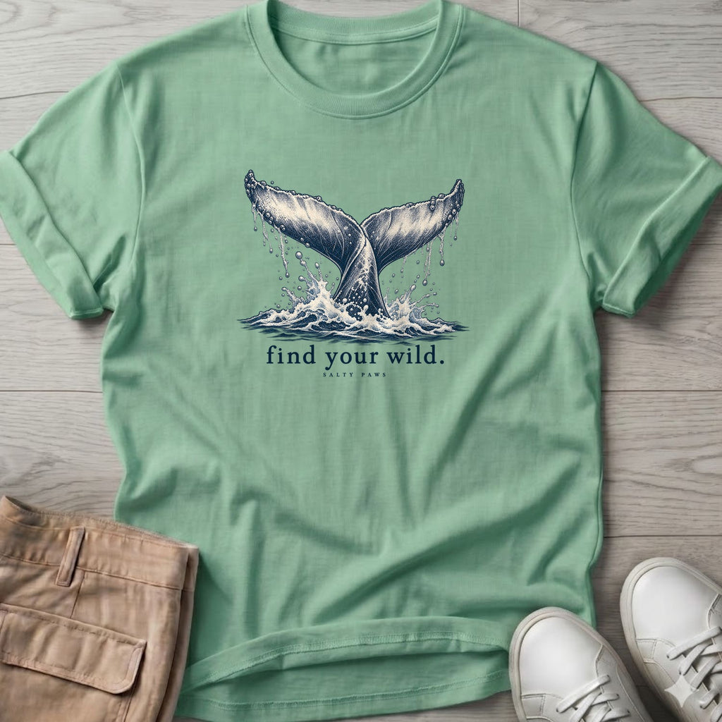 Find Your Wild Whale T-Shirt in Mint Green, Salty Paws Soft Style T-Shirt, front design flat lay