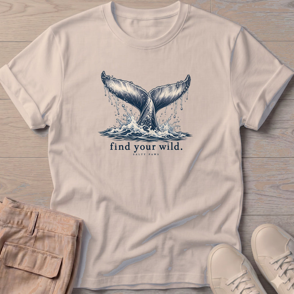 Find Your Wild Whale T-Shirt in Sand, Salty Paws Soft Style T-Shirt, front design flat lay