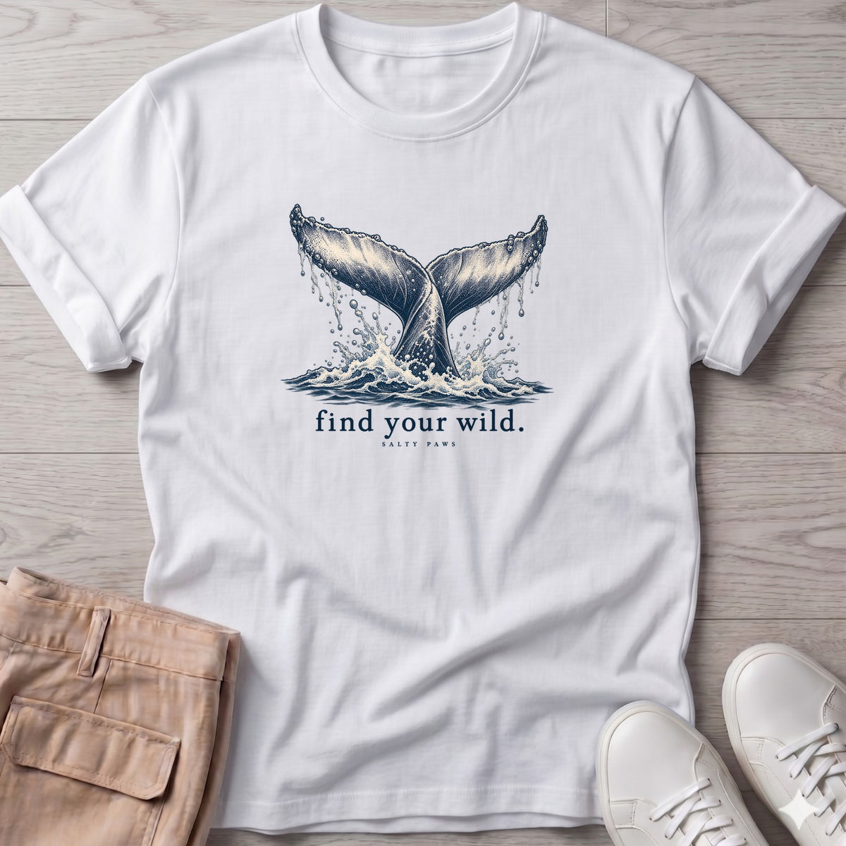 Find Your Wild Whale T-Shirt in White, Salty Paws Soft Style T-Shirt, front design flat lay