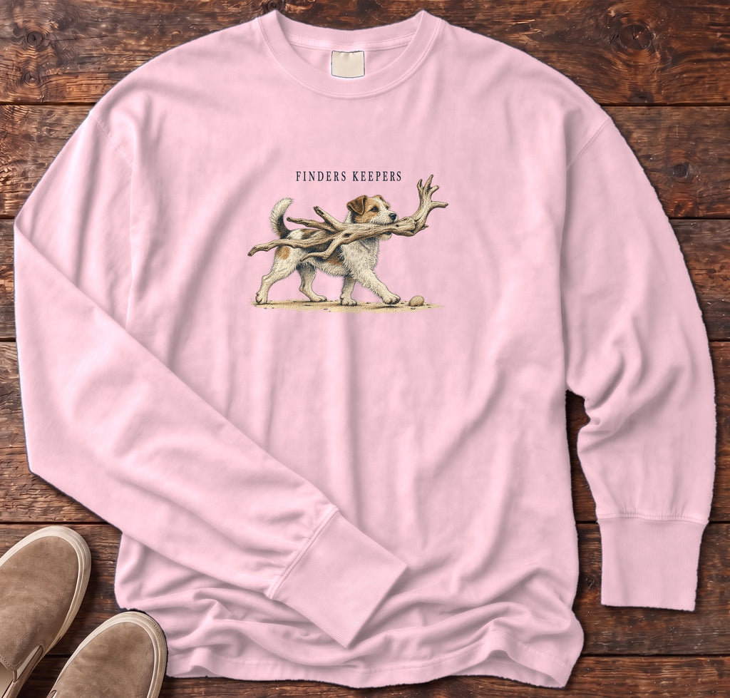 Finders Keepers Terrier Long Sleeve Tee Comfort Colors in Blossom, Salty Paws Comfort Colors Long Sleeve Tee, front design flat lay