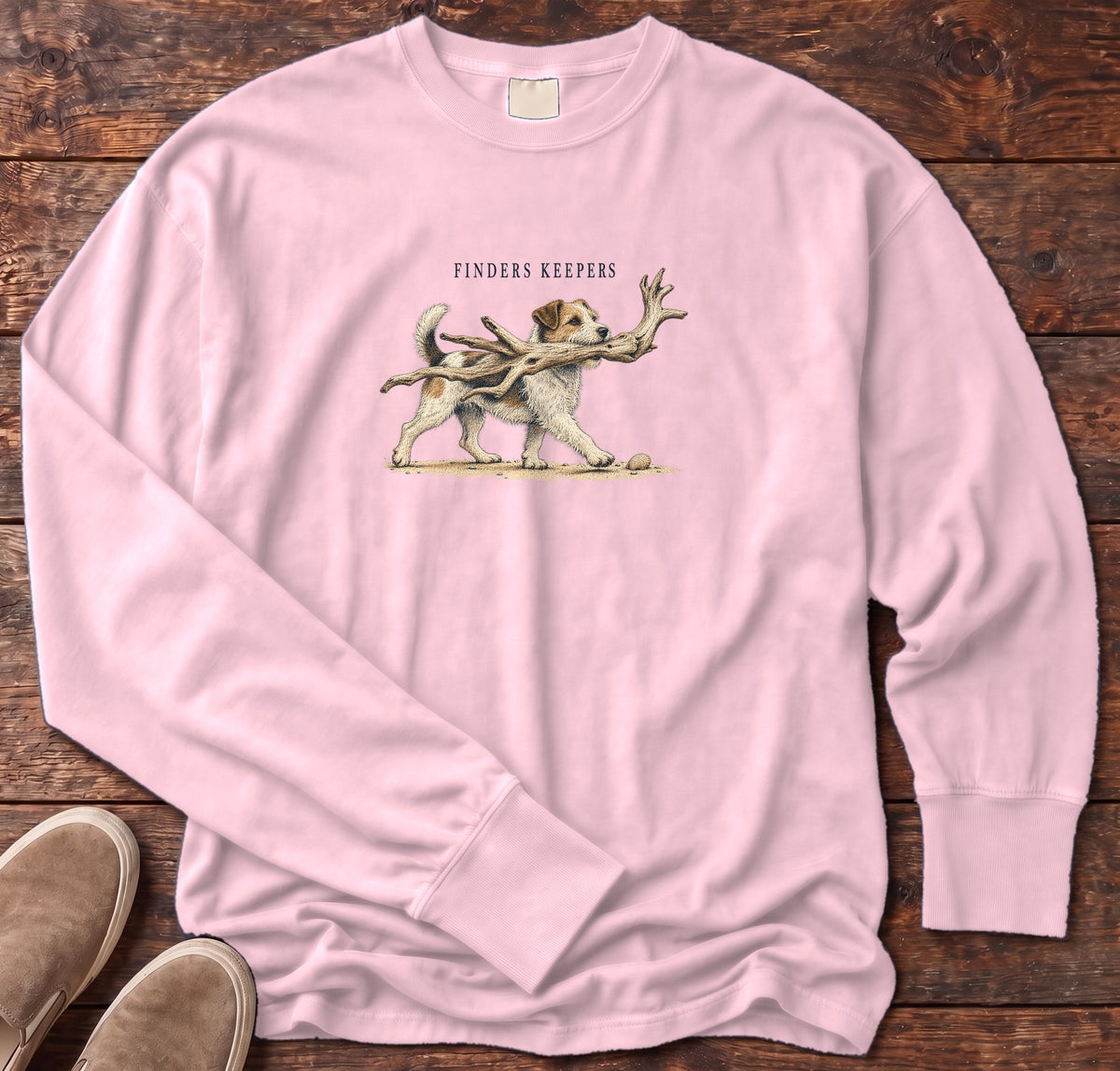 Finders Keepers Terrier Long Sleeve Tee Comfort Colors in Blossom, Salty Paws Comfort Colors Long Sleeve Tee, front design flat lay