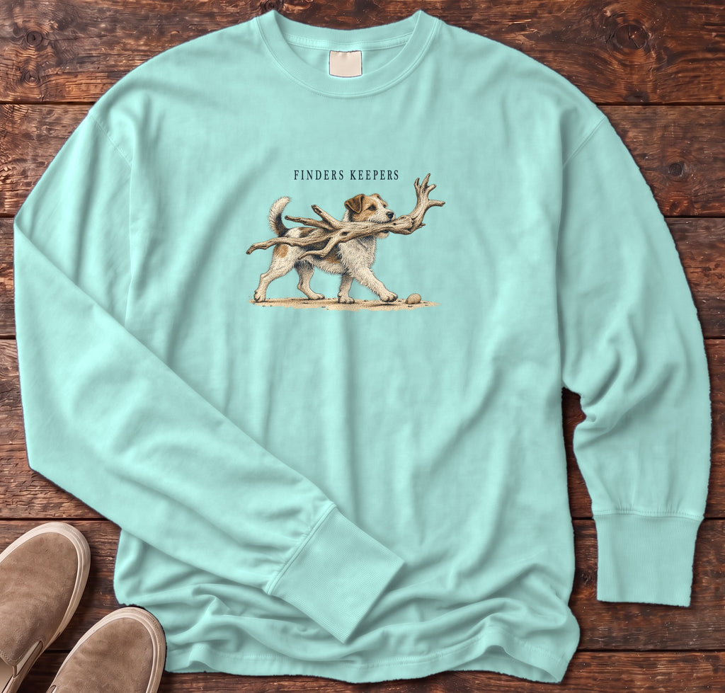 Finders Keepers Terrier Long Sleeve Tee Comfort Colors in Chalky Mint, Salty Paws Comfort Colors Long Sleeve Tee, front design flat lay