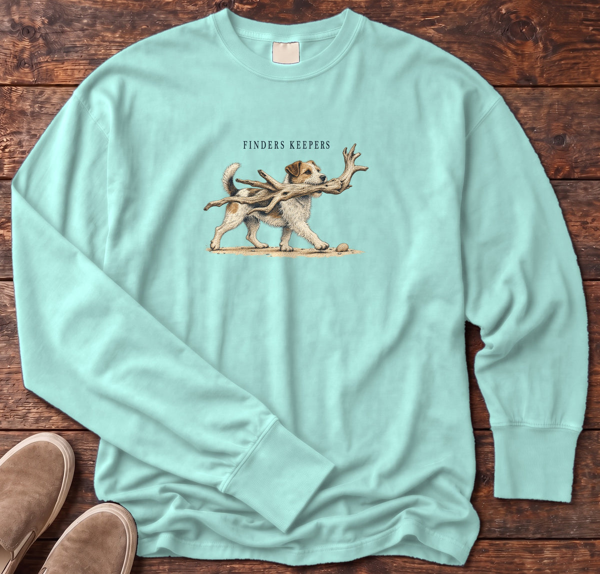 Finders Keepers Terrier Long Sleeve Tee Comfort Colors in Chalky Mint, Salty Paws Comfort Colors Long Sleeve Tee, front design flat lay