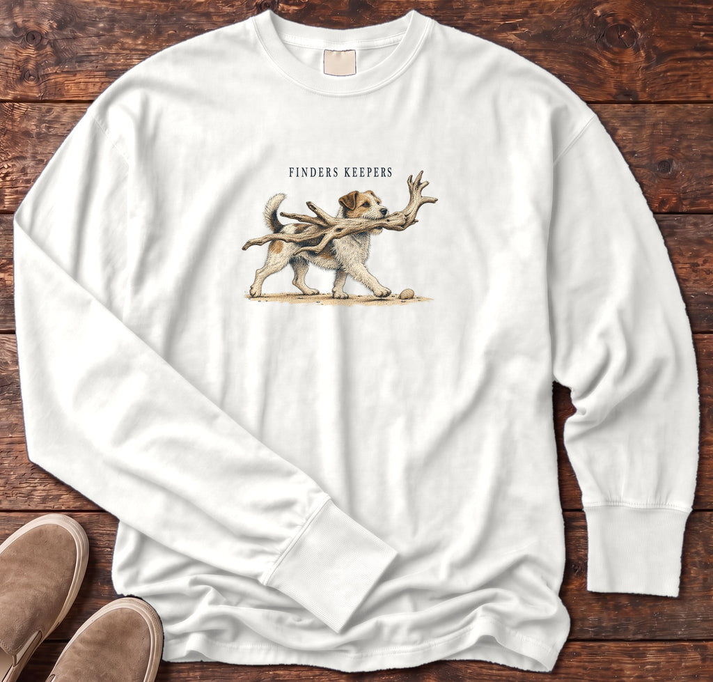 Finders Keepers Terrier Long Sleeve Tee Comfort Colors in White, Salty Paws Comfort Colors Long Sleeve Tee, front design flat lay