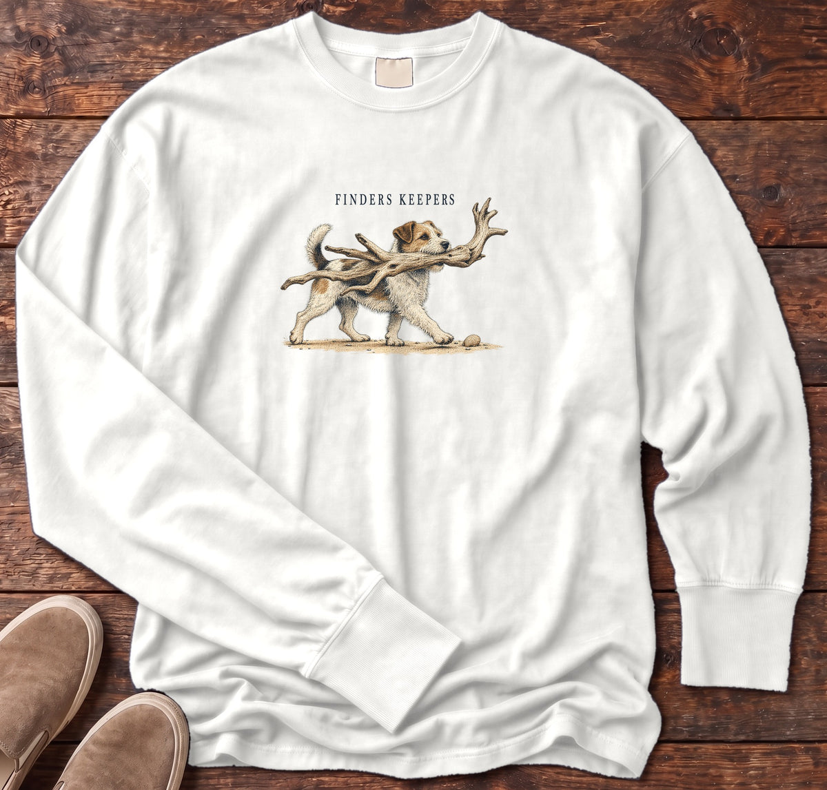 Finders Keepers Terrier Long Sleeve Tee Comfort Colors in White, Salty Paws Comfort Colors Long Sleeve Tee, front design flat lay