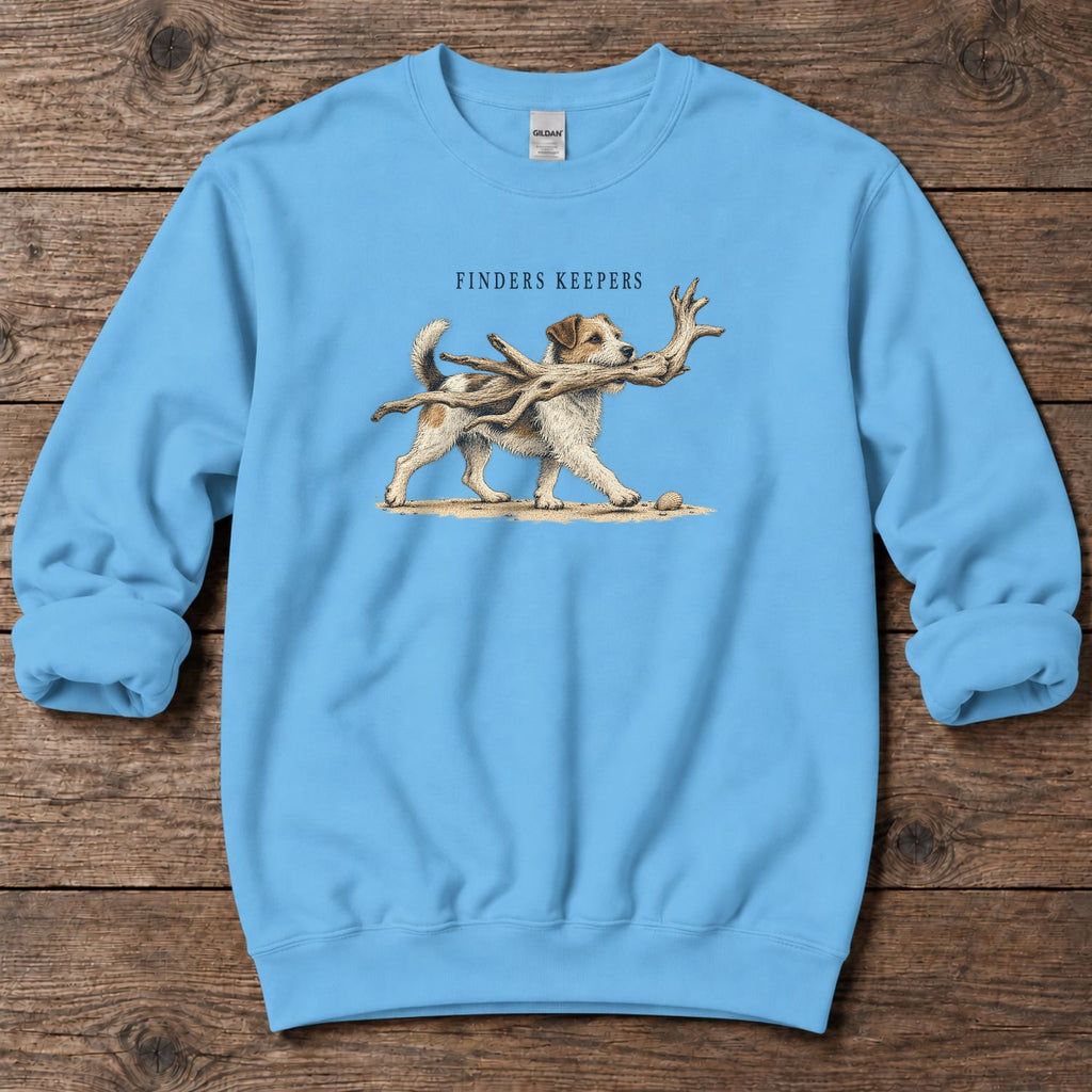 Finders Keepers Terrier Midweight Sweatshirt in Sky, Salty Paws Midweight Sweatshirt, front design flat lay