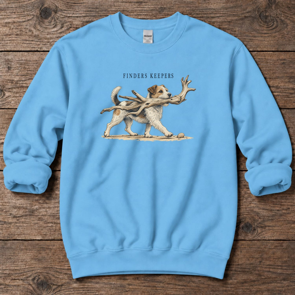 Finders Keepers Terrier Midweight Sweatshirt in Sky, Salty Paws Midweight Sweatshirt, front design flat lay