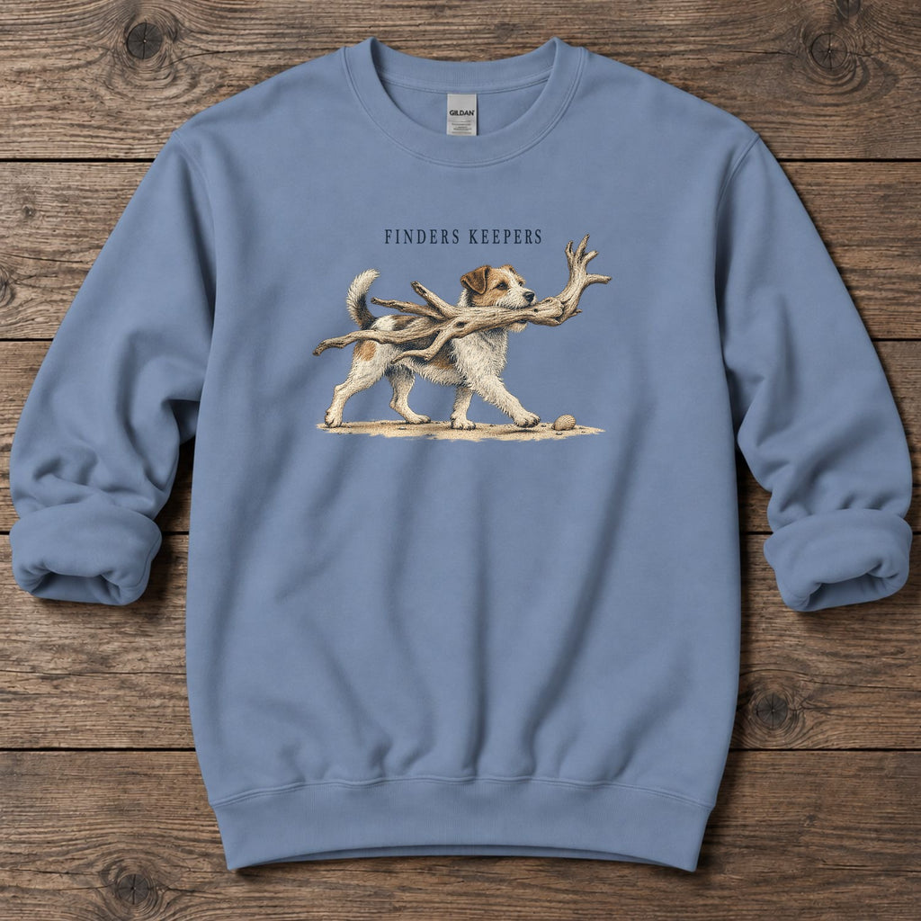Finders Keepers Terrier Midweight Sweatshirt in Stone Blue, Salty Paws Midweight Sweatshirt, front design flat lay