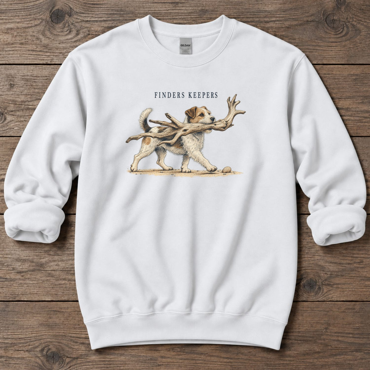 Finders Keepers Terrier Midweight Sweatshirt in White, Salty Paws Midweight Sweatshirt, front design flat lay