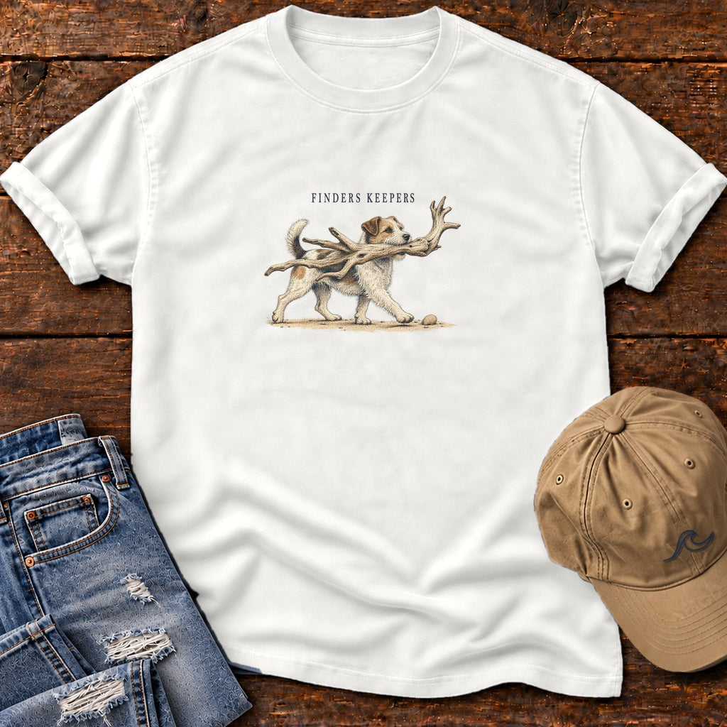 Finders Keepers Terrier T-Shirt Comfort Colors in White, Salty Paws Comfort Colors T-Shirt, front design flat lay