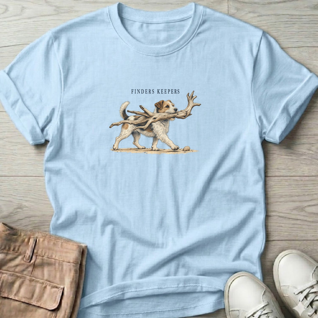 Finders Keepers Terrier T-Shirt in Light Blue, Salty Paws Soft Style T-Shirt, front design flat lay