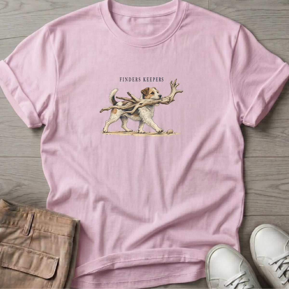 Finders Keepers Terrier T-Shirt in Light Pink, Salty Paws Soft Style T-Shirt, front design flat lay