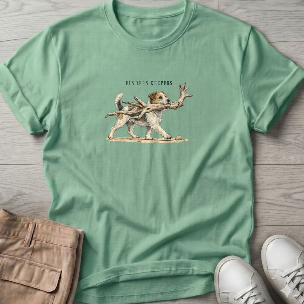 Finders Keepers Terrier T-Shirt in Mint Green, Salty Paws Soft Style T-Shirt, front design flat lay