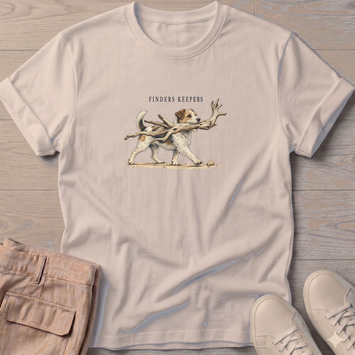 Finders Keepers Terrier T-Shirt in Sand, Salty Paws Soft Style T-Shirt, front design flat lay