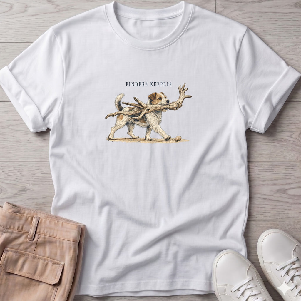 Finders Keepers Terrier T-Shirt in White, Salty Paws Soft Style T-Shirt, front design flat lay