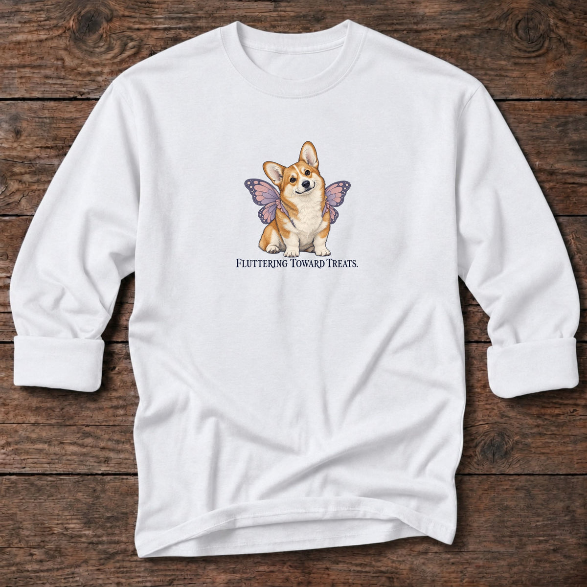 Fluttering Toward Treats Butterfly Corgi Long T-Shirt in White, Salty Paws coastal long sleeve tee