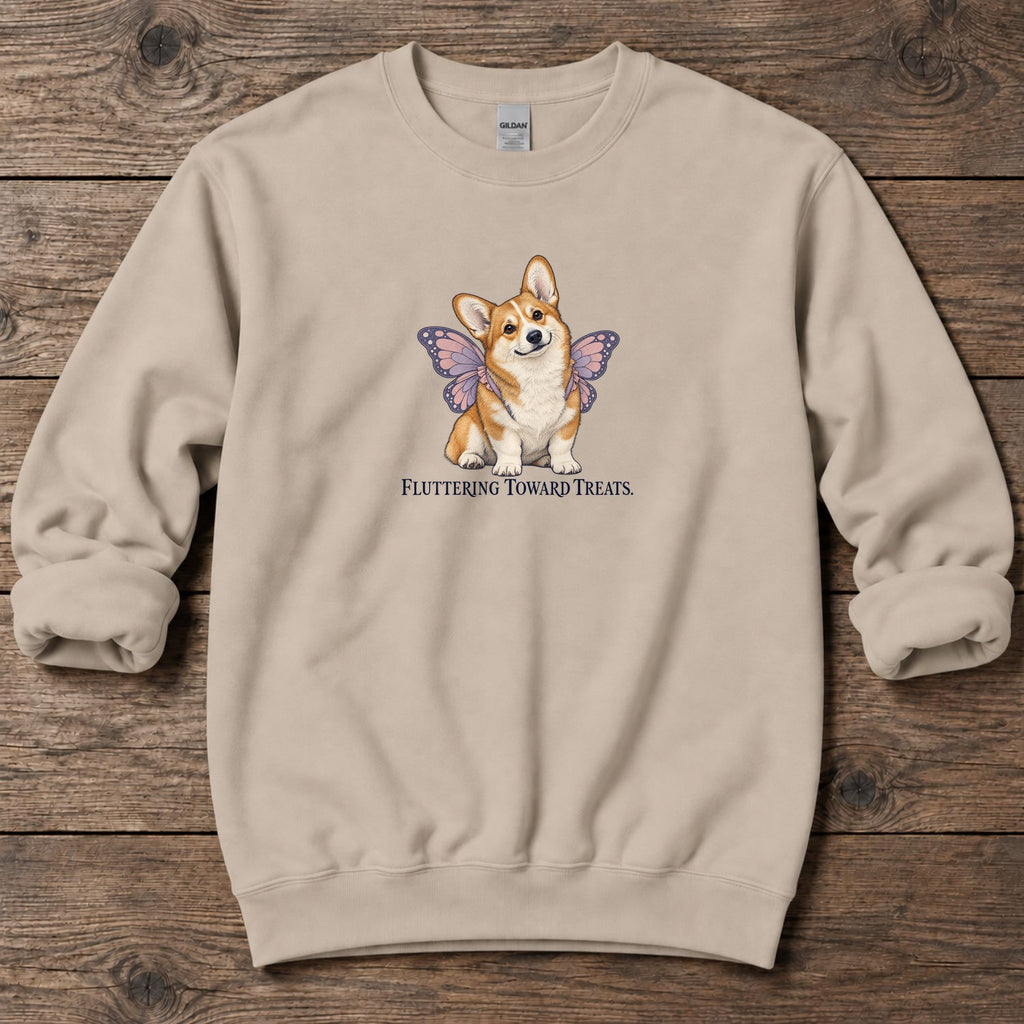 Fluttering Toward Treats Butterfly Corgi Midweight Sweatshirt in Sand, Salty Paws coastal sweatshirt