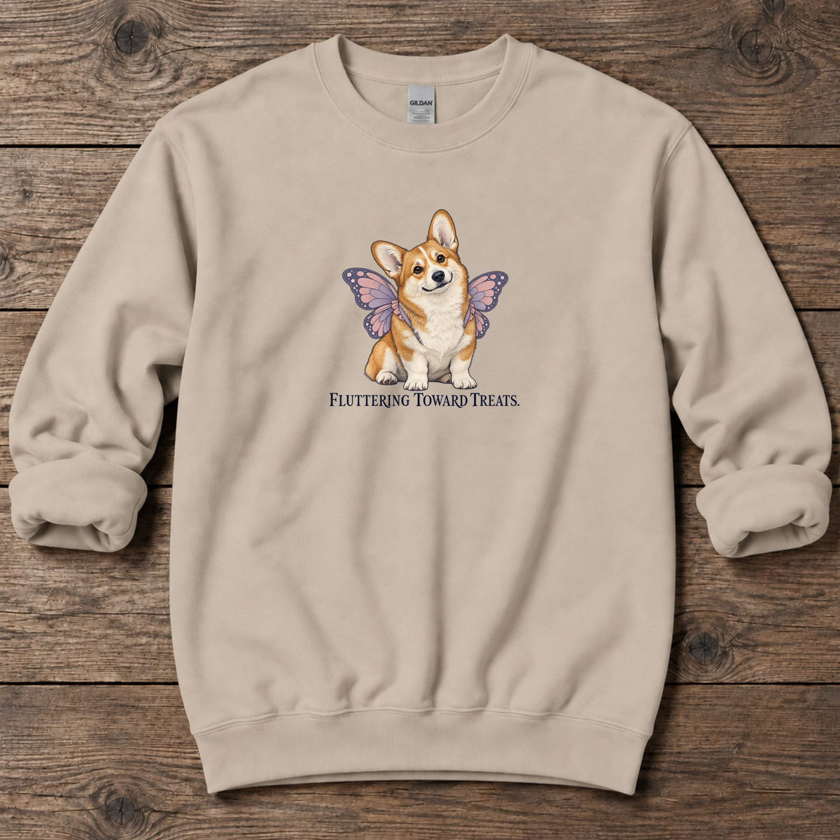 Fluttering Toward Treats Butterfly Corgi Midweight Sweatshirt in Sand, Salty Paws coastal sweatshirt