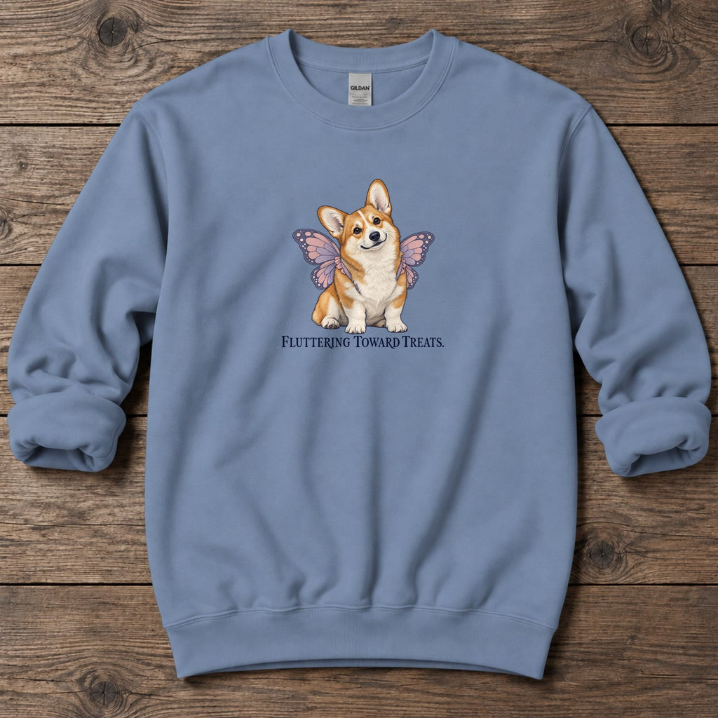 Fluttering Toward Treats Butterfly Corgi Midweight Sweatshirt in Stone Blue, Salty Paws coastal sweatshirt
