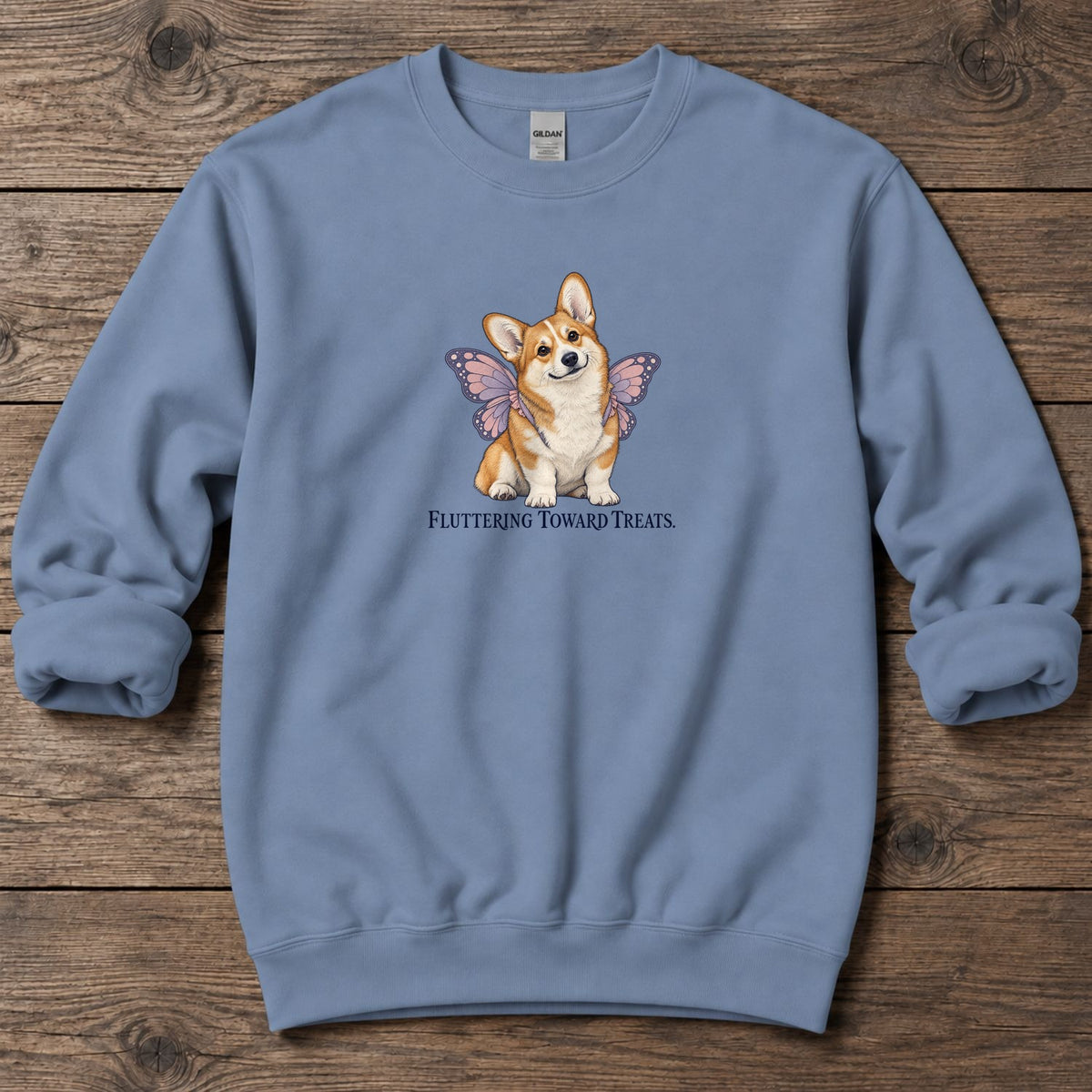 Fluttering Toward Treats Butterfly Corgi Midweight Sweatshirt in Stone Blue, Salty Paws coastal sweatshirt