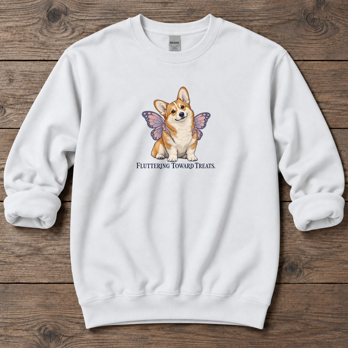 Fluttering Toward Treats Butterfly Corgi Midweight Sweatshirt in White, Salty Paws coastal sweatshirt