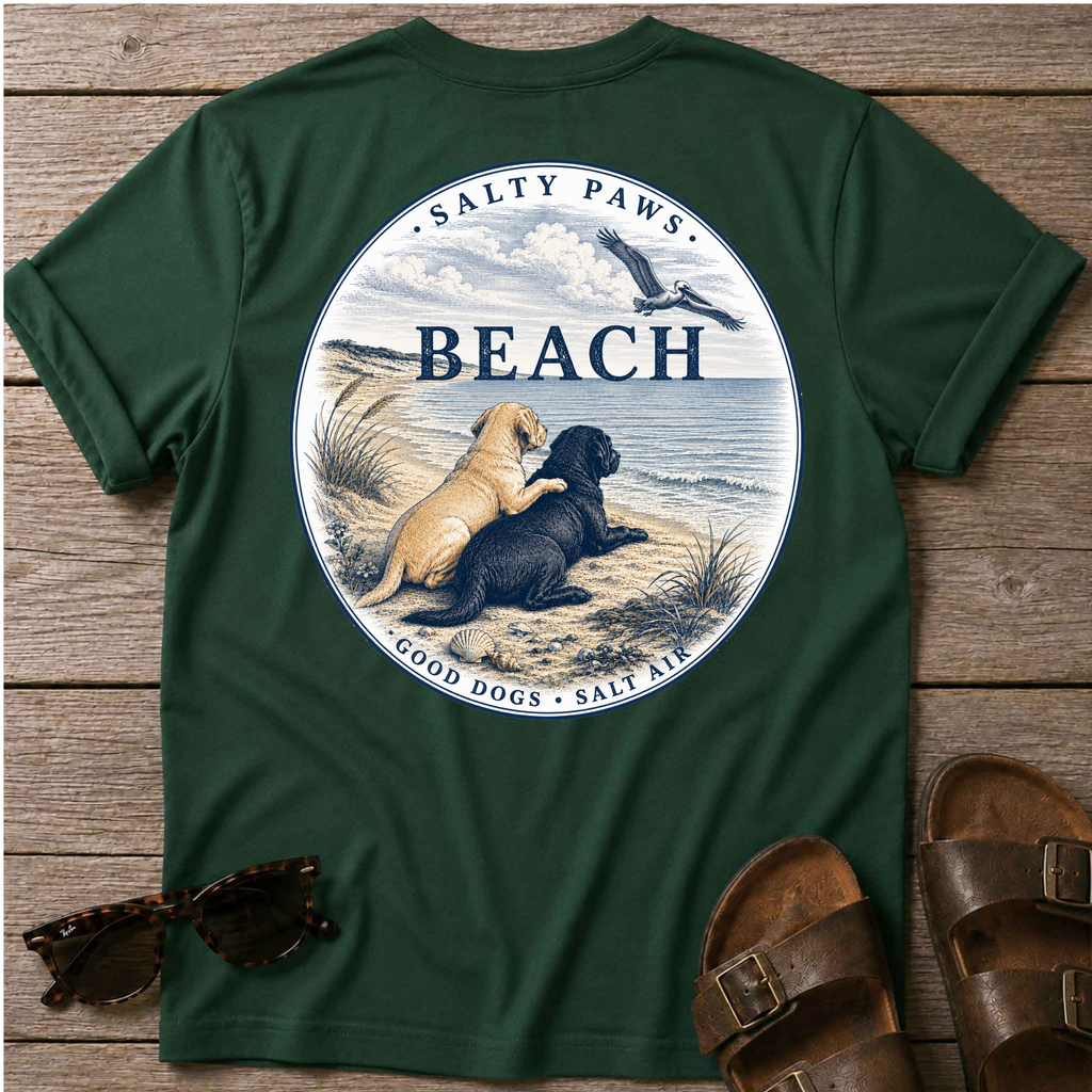 BEACH Pelican Labradors T-Shirt in Forest Green, Salty Paws coastal t-shirt