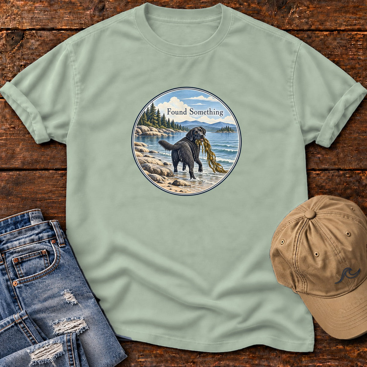 Found Something Black Lab Seaweed T-Shirt in Bay, Salty Paws Comfort Colors T-Shirt, front design flat lay