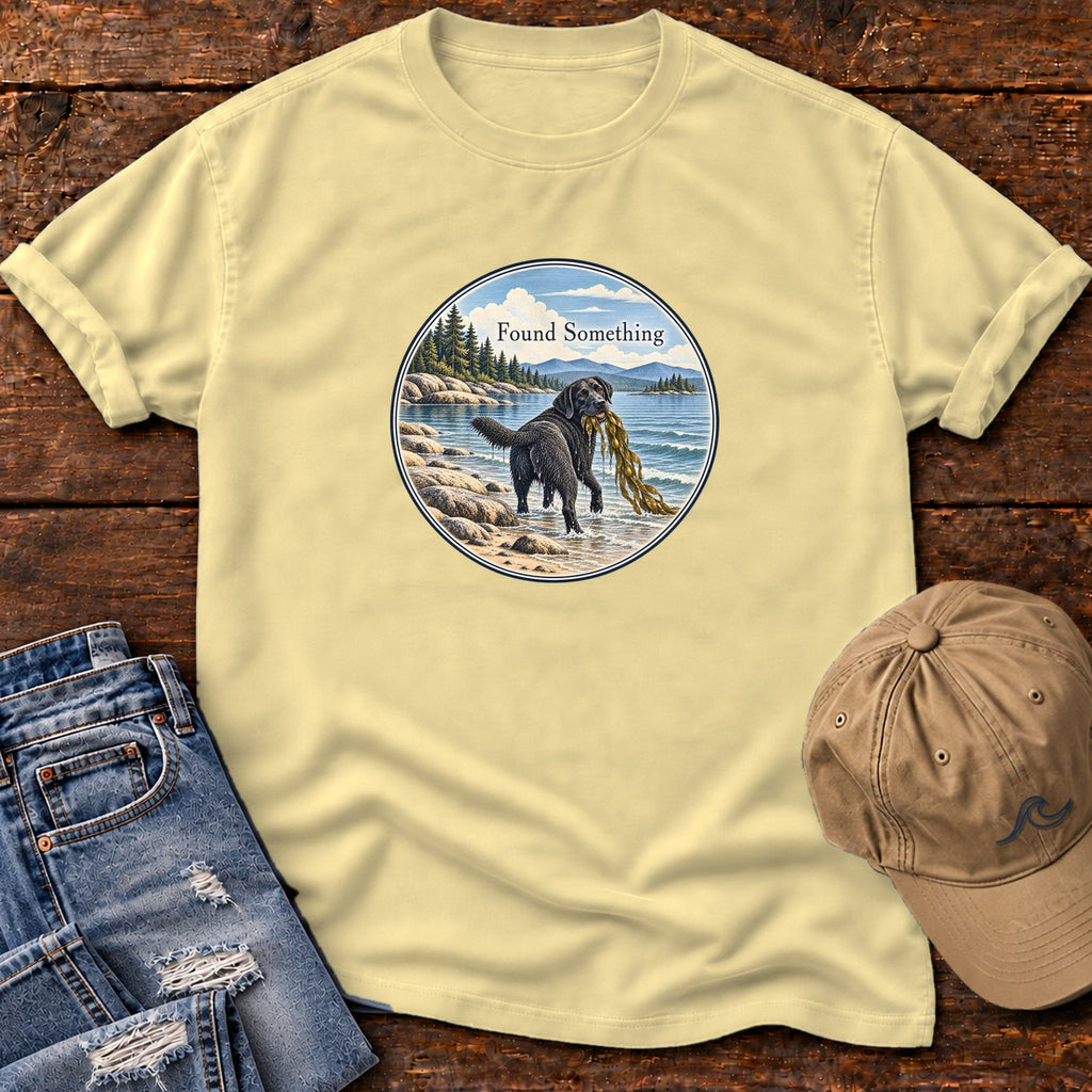 Found Something Black Lab Seaweed T-Shirt in Butter, Salty Paws Comfort Colors T-Shirt, front design flat lay