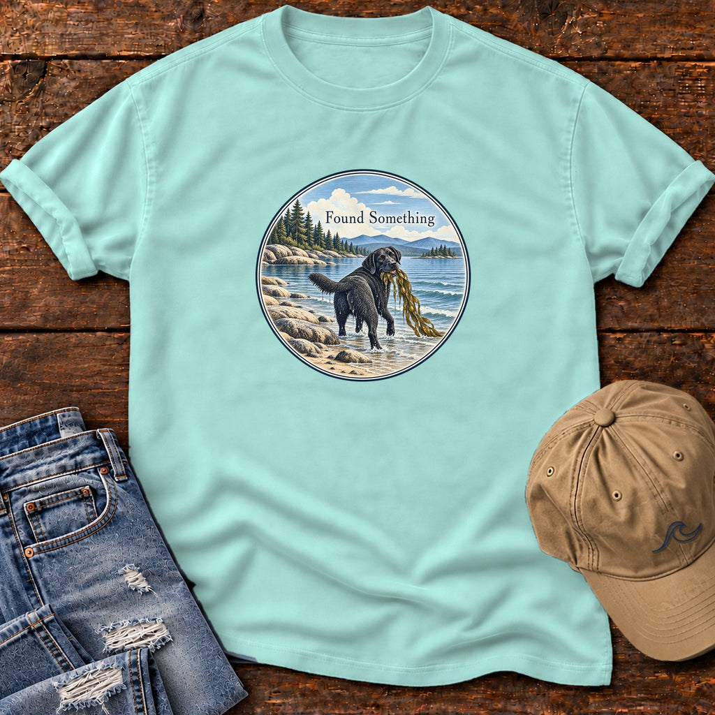 Found Something Black Lab Seaweed T-Shirt in Chalky Mint, Salty Paws Comfort Colors T-Shirt, front design flat lay