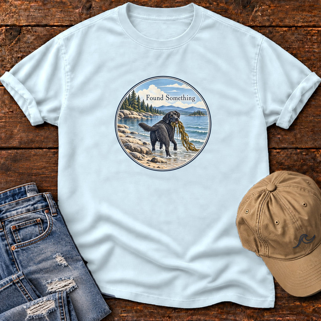 Found Something Black Lab Seaweed T-Shirt in Chambray, Salty Paws Comfort Colors T-Shirt, front design flat lay