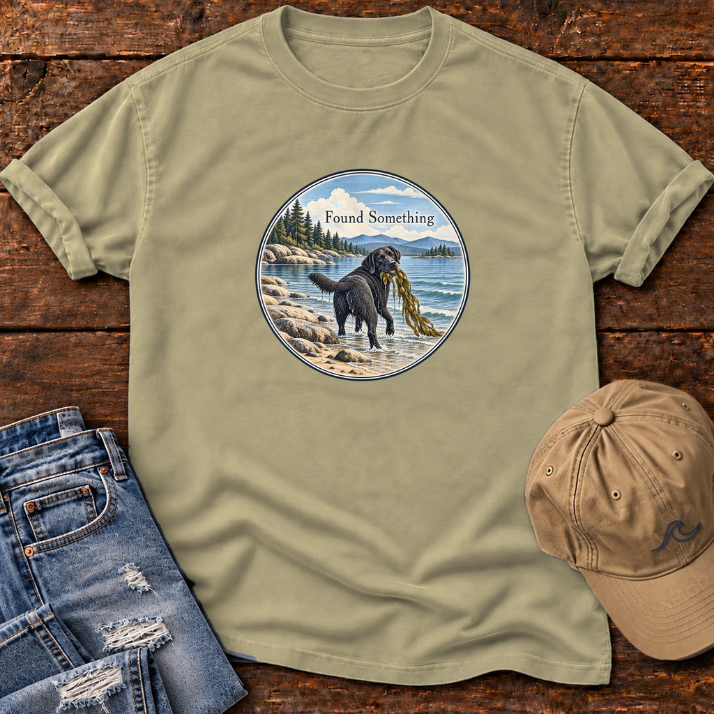 Found Something Black Lab Seaweed T-Shirt in Khaki, Salty Paws Comfort Colors T-Shirt, front design flat lay