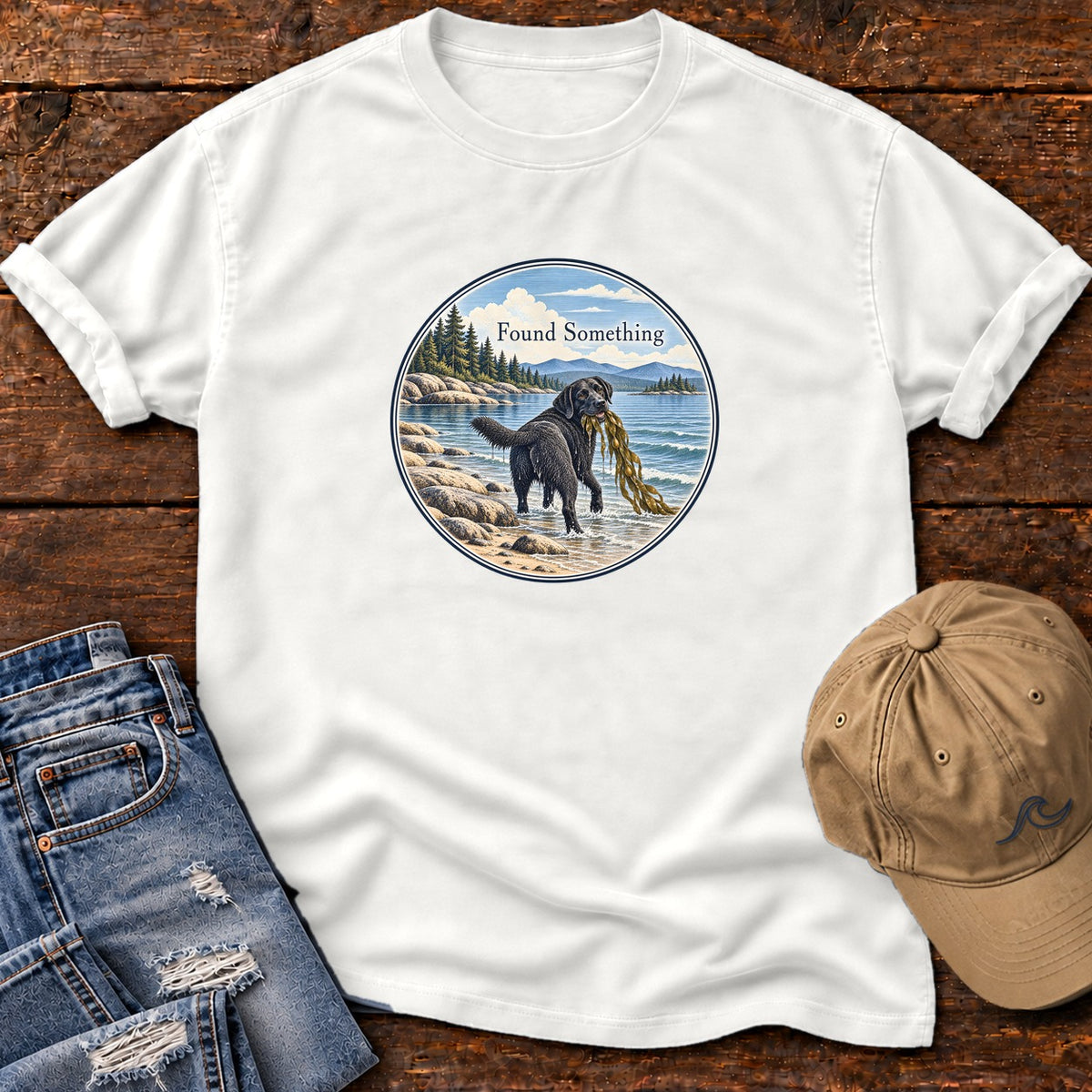 Found Something Black Lab Seaweed T-Shirt in White, Salty Paws Comfort Colors T-Shirt, front design flat lay