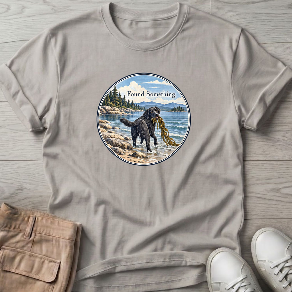 Found Something Black Lab Seaweed T-Shirt in Ice Grey, Salty Paws Soft Style T-Shirt, front design flat lay
