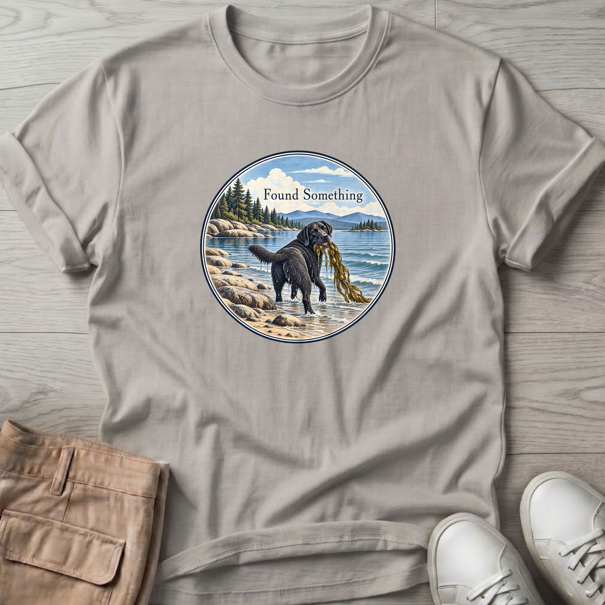 Found Something Black Lab Seaweed T-Shirt in Ice Grey, Salty Paws Soft Style T-Shirt, front design flat lay