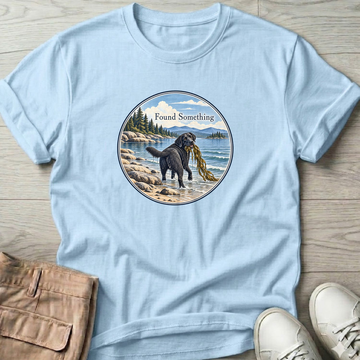 Found Something Black Lab Seaweed T-Shirt in Light Blue, Salty Paws Soft Style T-Shirt, front design flat lay