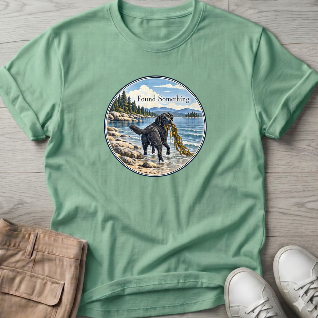 Found Something Black Lab Seaweed T-Shirt in Mint Green, Salty Paws Soft Style T-Shirt, front design flat lay