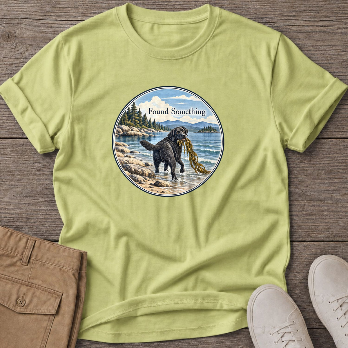 Found Something Black Lab Seaweed T-Shirt in Pistachio, Salty Paws Soft Style T-Shirt, front design flat lay