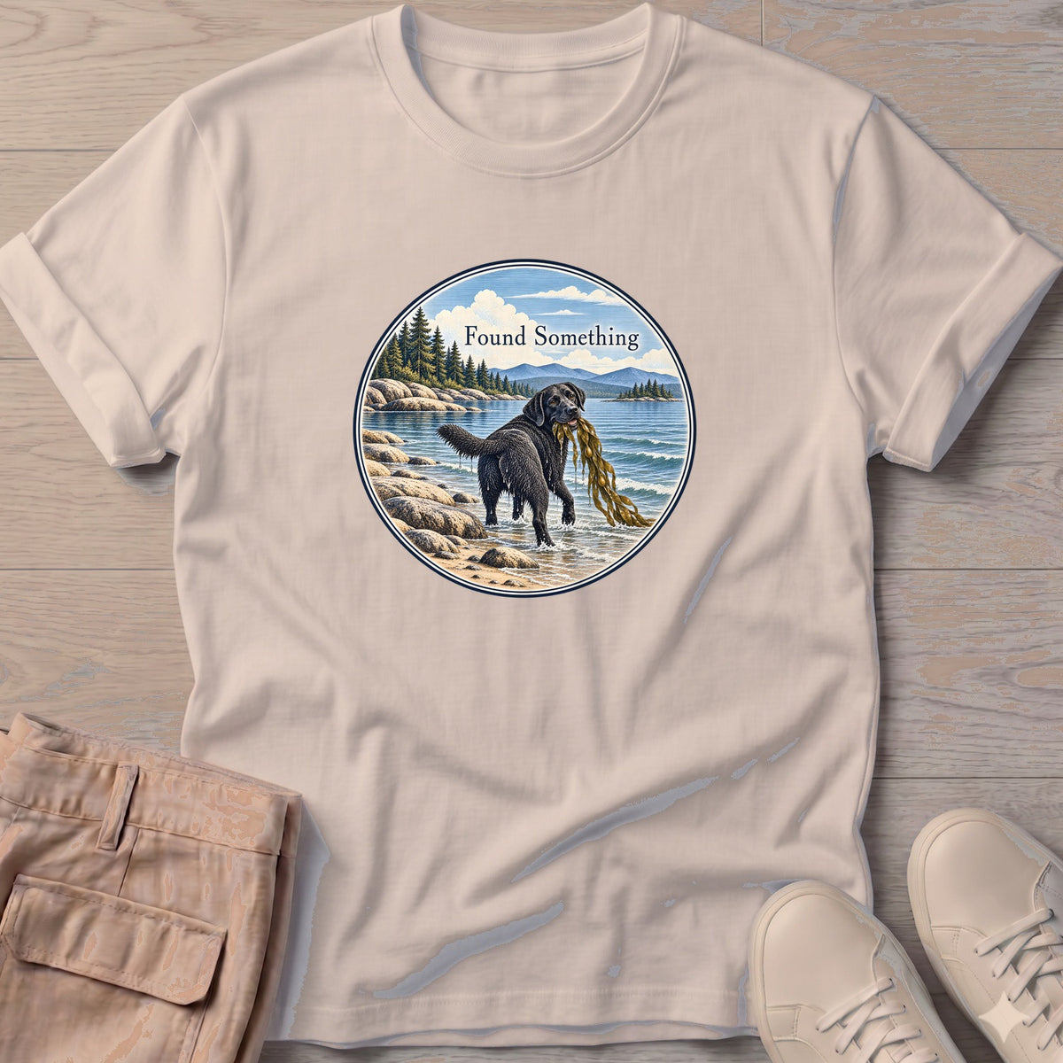 Found Something Black Lab Seaweed T-Shirt in Sand, Salty Paws Soft Style T-Shirt, front design flat lay